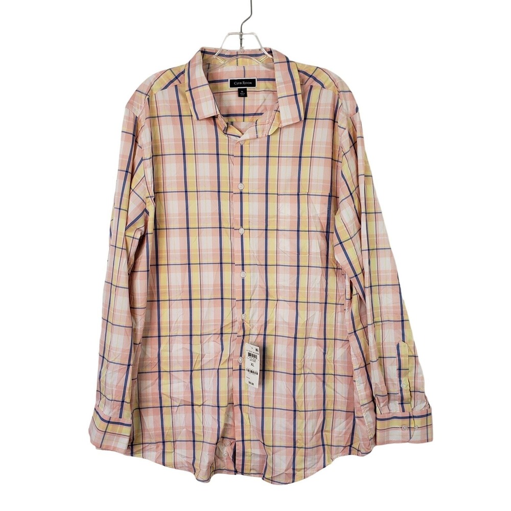 Club Room Mens XL Pink Plaid Long Sleeve Tech Woven Button Up Shirt Office New
